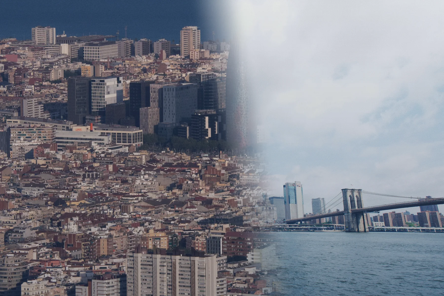 Collage de Barcelona y Nueva York que representa la expansión de Amazon entre Europa y América